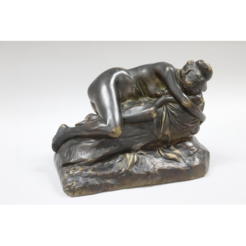 143 - G Crinque ?? French Terracotta figure nude “Woman” sleeping upon  a draped rock, signed lower left, ... 