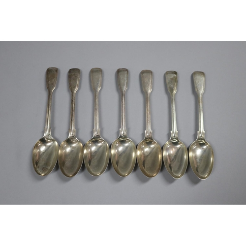 115 - Set of seven mixed antique Victorian hallmarked sterling silver Fiddle and Thread pattern spoons, Lo... 