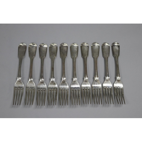 122 - Set of ten antique Georgian hallmarked sterling silver Fiddle and Thread dinner forks, with Crest, L... 