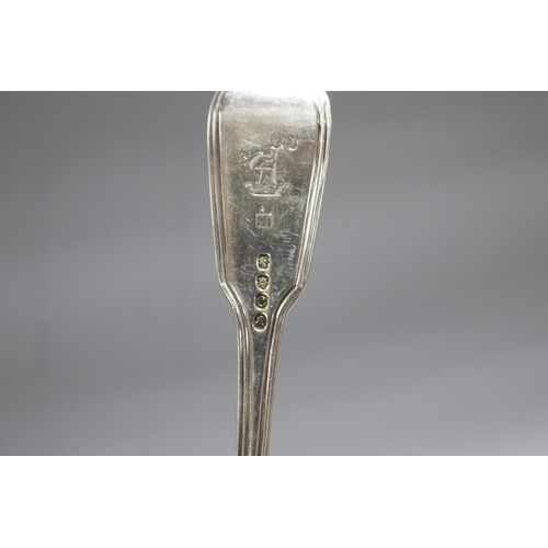 122 - Set of ten antique Georgian hallmarked sterling silver Fiddle and Thread dinner forks, with Crest, L... 