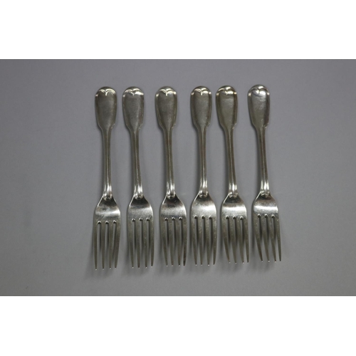 124 - Set of six antique hallmarked sterling silver Fiddle and Thread entree forks, with Phoenix and Galle... 