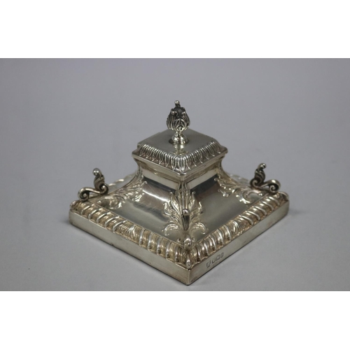 107 - English sterling silver square form ink stand, Sheffield 1900-01, KE and Co, approx 9cm H x 9.5cm Sq