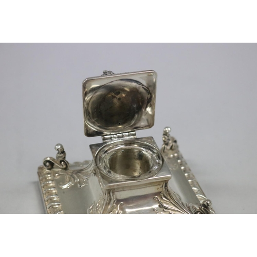 107 - English sterling silver square form ink stand, Sheffield 1900-01, KE and Co, approx 9cm H x 9.5cm Sq