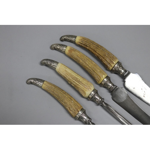 108 - Good antique silver mounted antler handled carving set, Sheffield 1890-91, Marin Hill and Co Ltd, ap... 