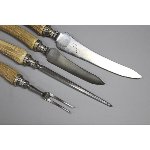 108 - Good antique silver mounted antler handled carving set, Sheffield 1890-91, Marin Hill and Co Ltd, ap... 