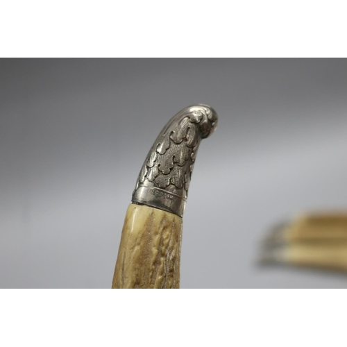 108 - Good antique silver mounted antler handled carving set, Sheffield 1890-91, Marin Hill and Co Ltd, ap... 