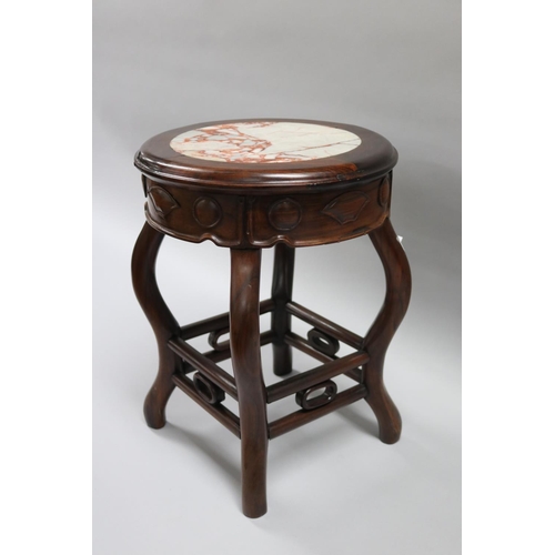 104 - Chinese rosewood marble inset topped jardinere stand, approx 46cm H