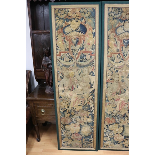 101 - Pair of antique French tapestry framed panels, each showing central male & female figures celebratin... 