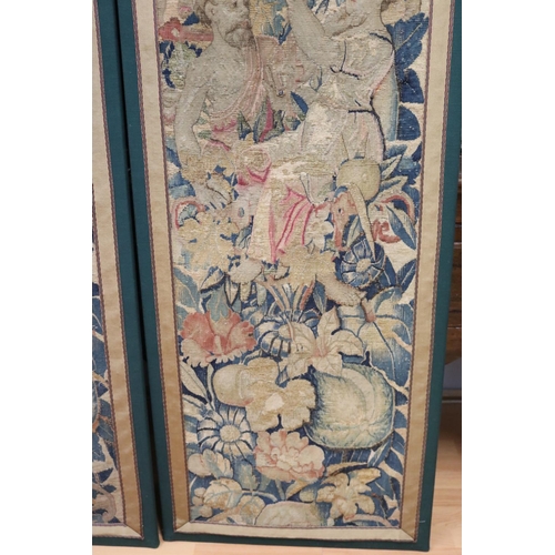 101 - Pair of antique French tapestry framed panels, each showing central male & female figures celebratin... 