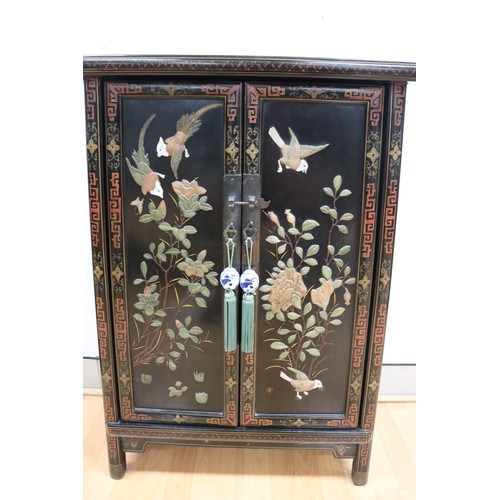 155 - Fine example of a Chinese hardstone mounted side black lacquer cabinet, purchased between 1930-1960,... 