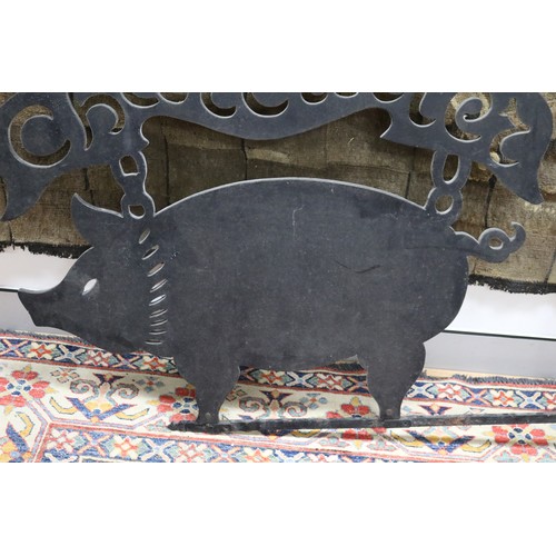 113 - Vintage French pig Charcutier sign, in the form of a cut out wooden pig and cartouche, held by a iro... 