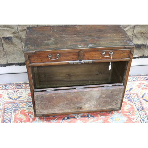 102 - Antique Japanese pierced brass mounted tansu cabinet, carry handles to the sides. Drop flap front be... 