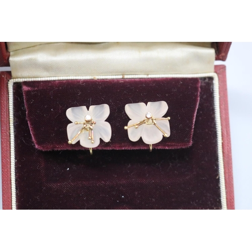 160 - Asprey of London floral earrings with a diamond centre, screw back in, Asprey box