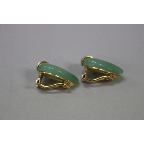 167 - Pair of gilt silver and jade tear drop clip earrings, approx 12cm and 7 grams (2)