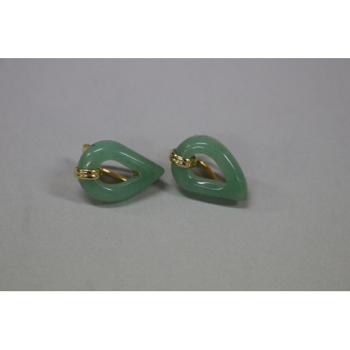 167 - Pair of gilt silver and jade tear drop clip earrings, approx 12cm and 7 grams (2)