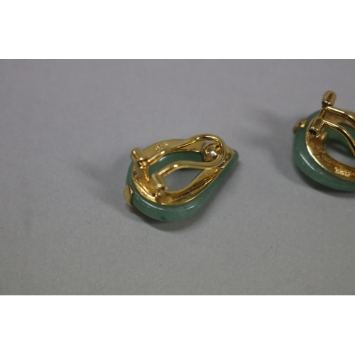 167 - Pair of gilt silver and jade tear drop clip earrings, approx 12cm and 7 grams (2)