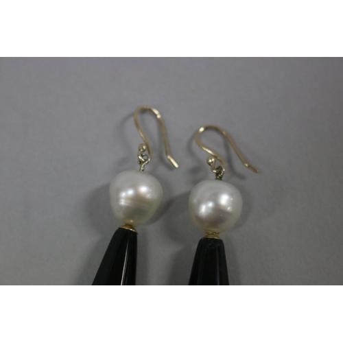 170 - Pair of baroque South Sea pearl and onyx drop hook earrings, been re-glued, approx 5cm L (2)