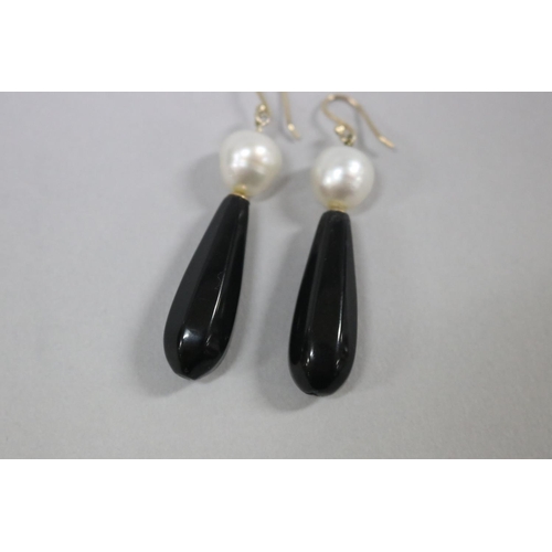 170 - Pair of baroque South Sea pearl and onyx drop hook earrings, been re-glued, approx 5cm L (2)