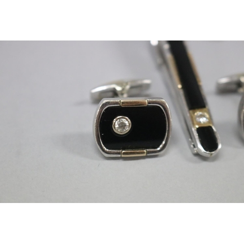 172 - Vintage 9ct white and yellow gold, diamond and onyx cufflinks and tie pin set, approx total weight 2... 