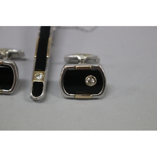 172 - Vintage 9ct white and yellow gold, diamond and onyx cufflinks and tie pin set, approx total weight 2... 