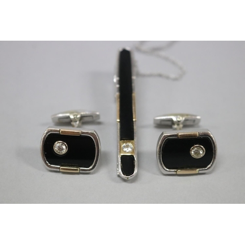 172 - Vintage 9ct white and yellow gold, diamond and onyx cufflinks and tie pin set, approx total weight 2... 