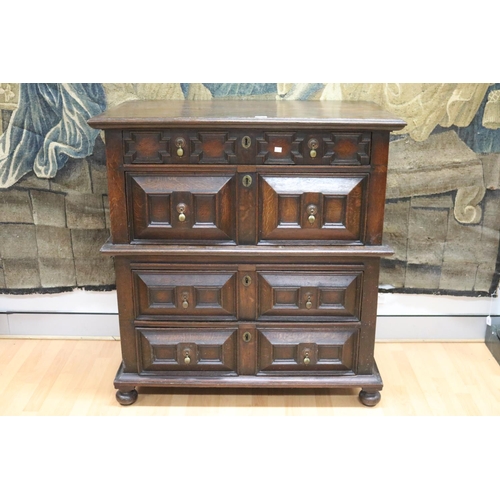 154 - Antique 18th century English oak panelled chest of drawers, approx 112cm H x 106cm W x 59cm D