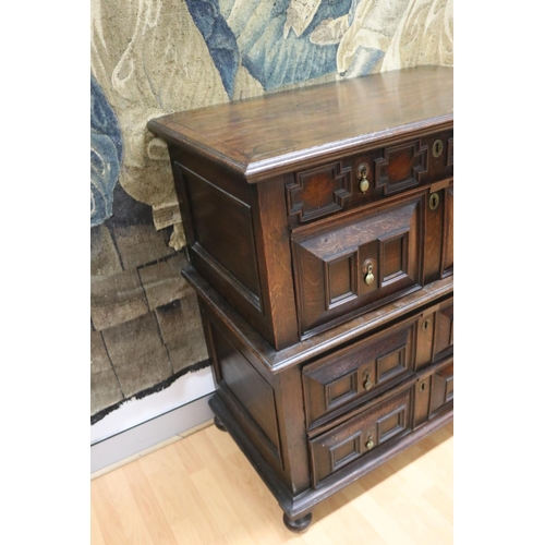 154 - Antique 18th century English oak panelled chest of drawers, approx 112cm H x 106cm W x 59cm D