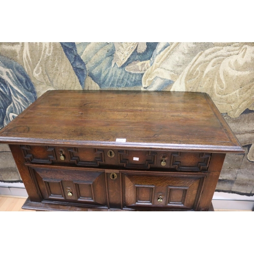 154 - Antique 18th century English oak panelled chest of drawers, approx 112cm H x 106cm W x 59cm D