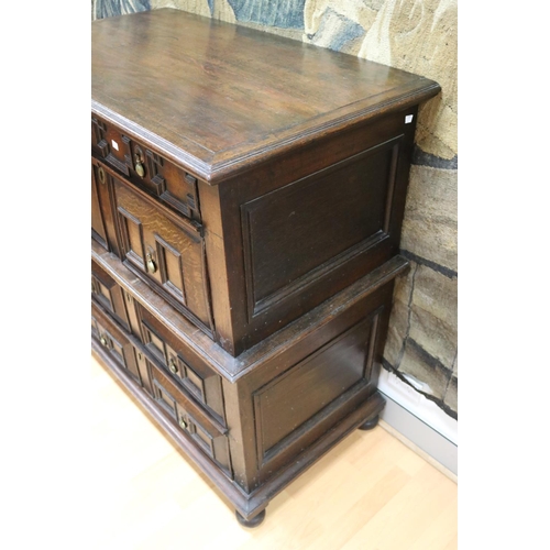 154 - Antique 18th century English oak panelled chest of drawers, approx 112cm H x 106cm W x 59cm D