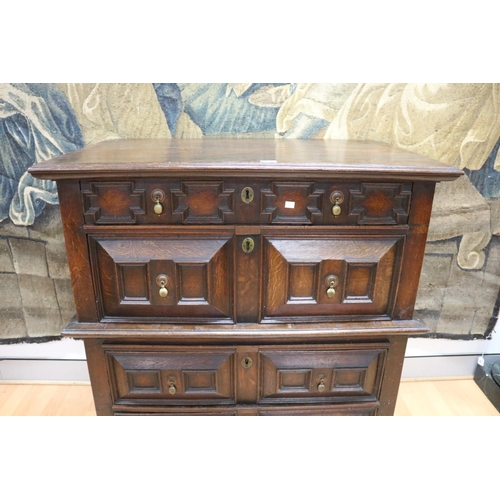 154 - Antique 18th century English oak panelled chest of drawers, approx 112cm H x 106cm W x 59cm D