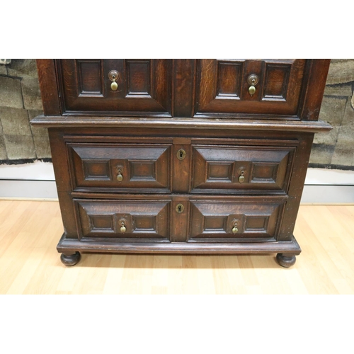 154 - Antique 18th century English oak panelled chest of drawers, approx 112cm H x 106cm W x 59cm D