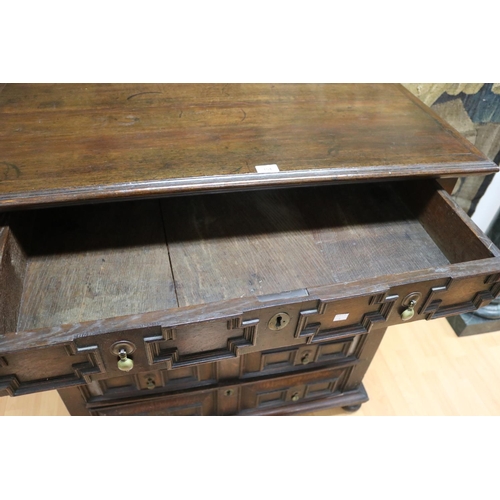 154 - Antique 18th century English oak panelled chest of drawers, approx 112cm H x 106cm W x 59cm D