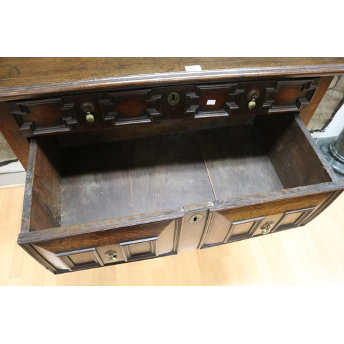 154 - Antique 18th century English oak panelled chest of drawers, approx 112cm H x 106cm W x 59cm D