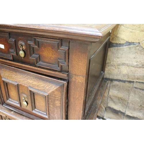 154 - Antique 18th century English oak panelled chest of drawers, approx 112cm H x 106cm W x 59cm D