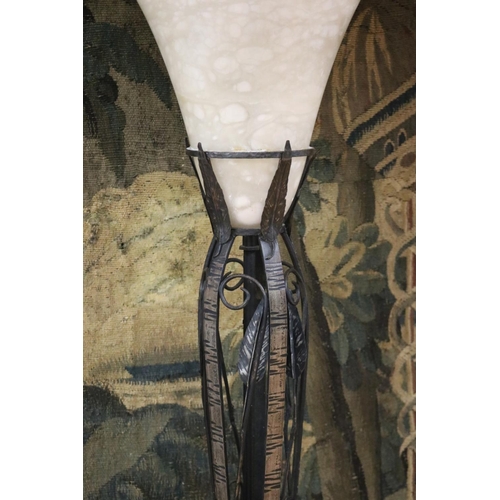 134 - Pair of French Art Deco wrought iron and alabaster shade floor lamps, in the style of EDGAR BRANDT (... 