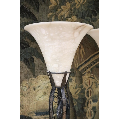 134 - Pair of French Art Deco wrought iron and alabaster shade floor lamps, in the style of EDGAR BRANDT (... 