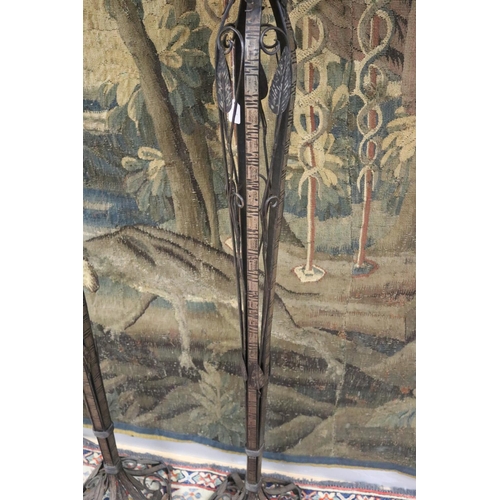 134 - Pair of French Art Deco wrought iron and alabaster shade floor lamps, in the style of EDGAR BRANDT (... 