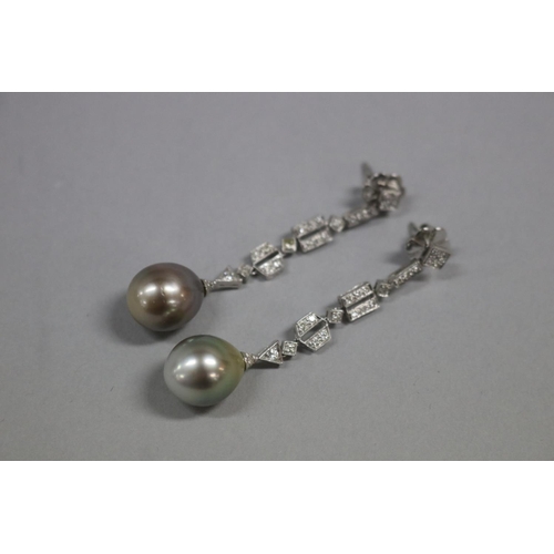 169 - Pair of 18ct white gold diamond and Tahitian pearl drop earrings, approx total weight 12 grams and a... 