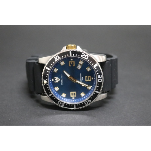44 - Swiss Eagle men’s ‘Admiral’ wristwatch, model SE 907, blue face, working order, rubber band