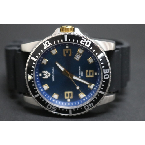 44 - Swiss Eagle men’s ‘Admiral’ wristwatch, model SE 907, blue face, working order, rubber band