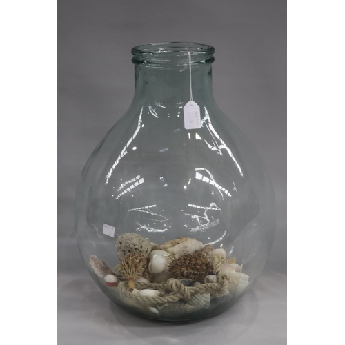 11 - Large glass bottle with shells and decorations inside, approx 47cm H x 31cm Dia