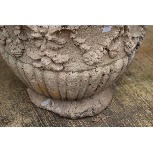 1052 - Composite stone circular pot / planter with decoration, approx 42cm H x 50cm Dia