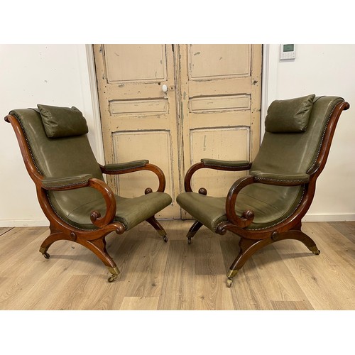 91 - Rare pair of antique William IV period rosewood X framed library arm chairs, after a design by Loudo... 