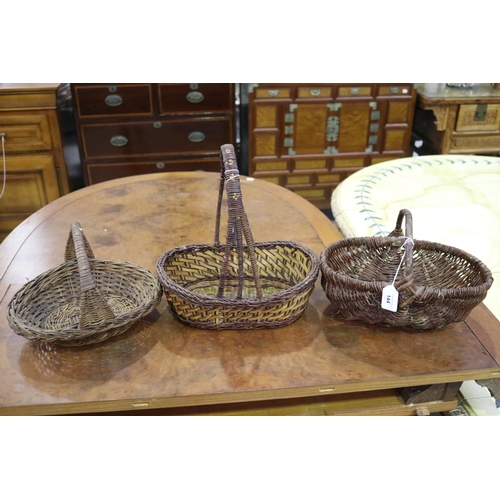 49 - Three small early French cane baskets, approx 13cm H x 31cm W x 23cm D and smaller (3)