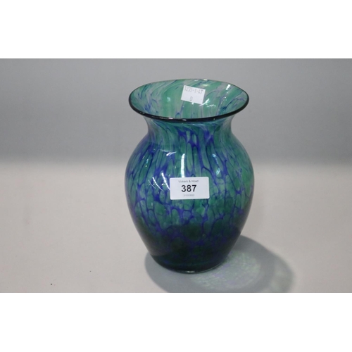 54 - Art glass blue and green vase, possibly by Monart, approx 19cm H