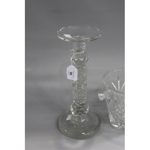 96 - Good quality cut crystal candle stick, along with a cut crystal ice bucket, approx 29cm H and shorte... 