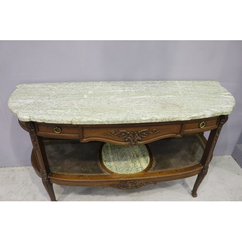 135 - Antique French marble topped D end sideboard, with unique caned under shelf with central oval marble... 