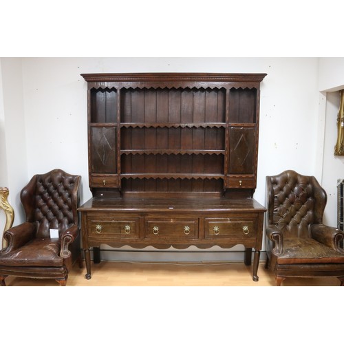 151 - Antique 18th century revival inlaid oak dresser, the enclosed three tier plate rack with cupboards o... 