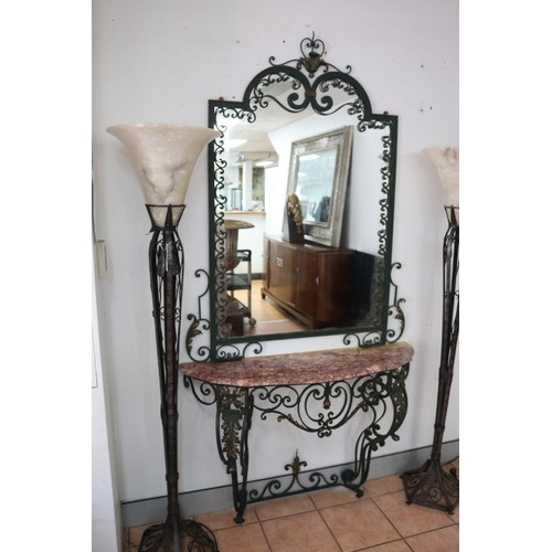 154 - French marble topped wrought iron console table, and matching wrought iron mirror, table, approx 85c... 