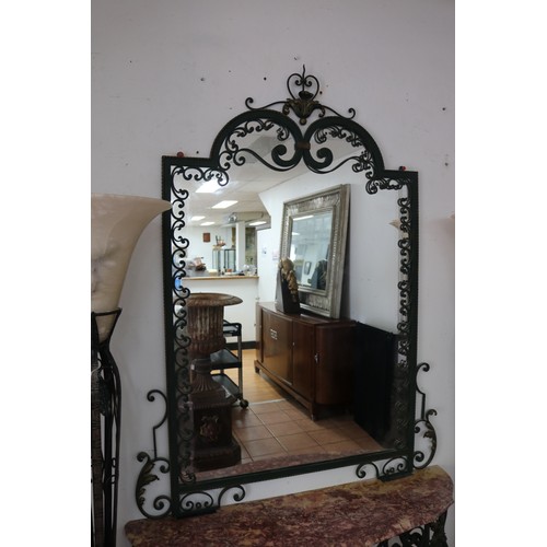 154 - French marble topped wrought iron console table, and matching wrought iron mirror, table, approx 85c... 